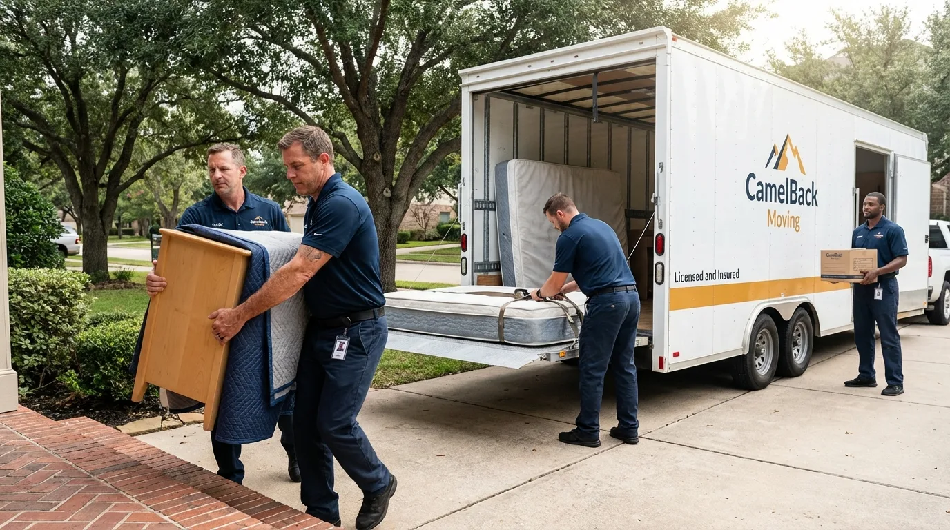 Crew loading residential truck for cross-state move from Bement, IL