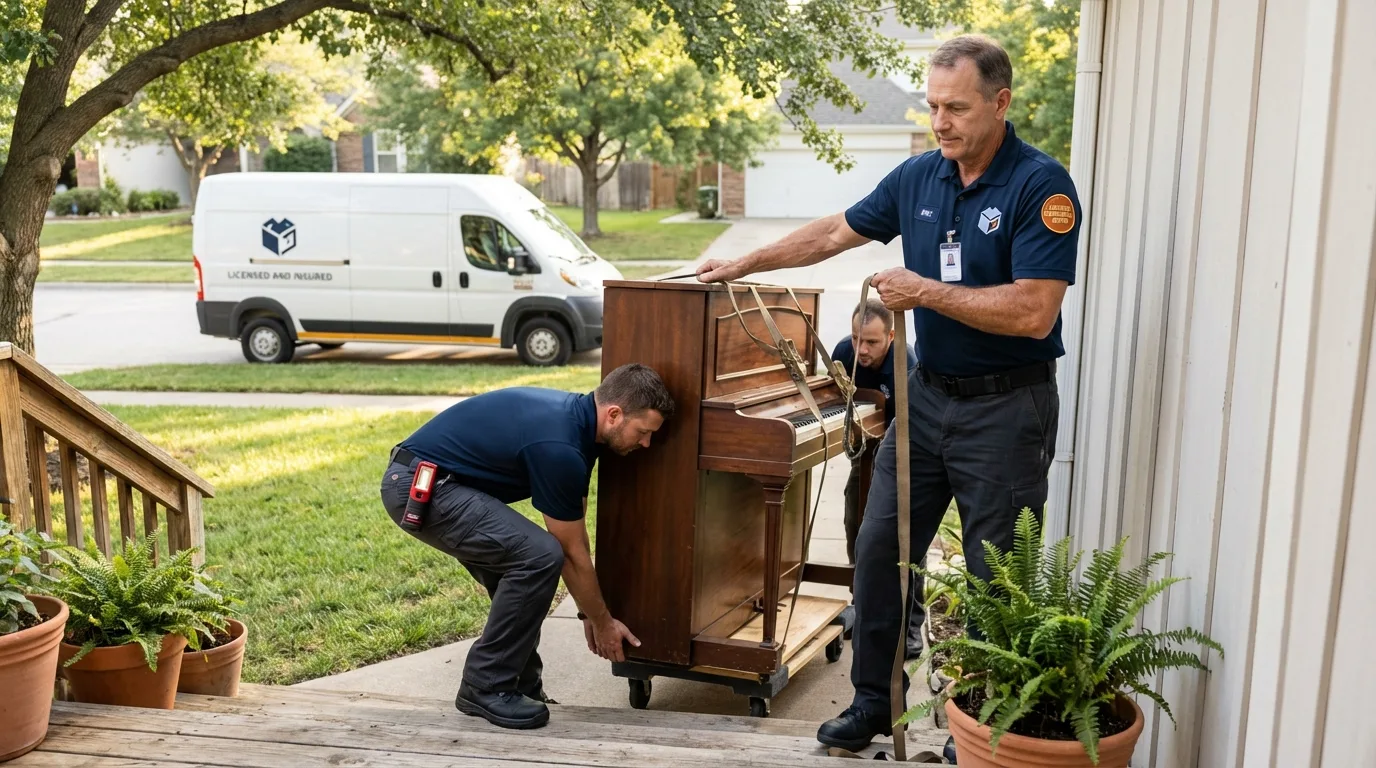 Licensed piano movers securing grand piano in Bement, IL