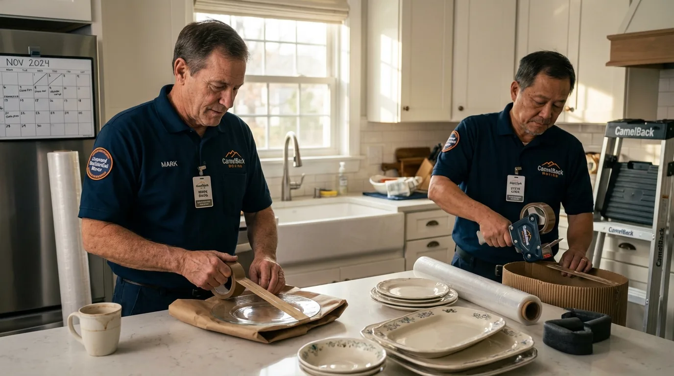 Professional crew packing kitchen dishware in Bement, IL